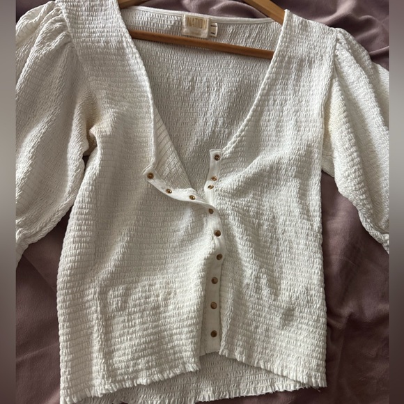 Nation Ltd Ladies White Top Popper Front Shirred Elastic Puff Sleeves Size S - Picture 5 of 9